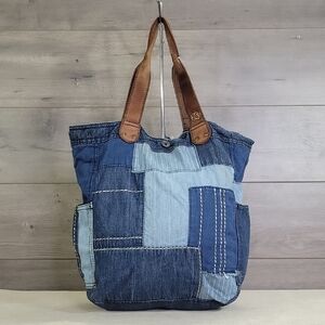 Lucky Brand Patchwork Denim Tote Bag with Brown Leather Handles